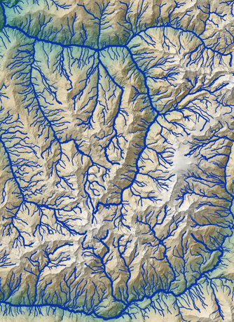 Thalweg network filtered by Horton order greater than 4. The width of thalwegs is proportional to the Horton order.